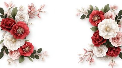 A vibrant arrangement of red, white, and pink flowers beautifully displayed, creating a balanced floral design on a clean background.