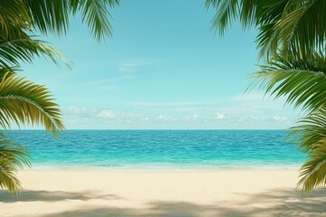 Tranquil beach view with clear blue water framed by lush palm leaves under a bright sky.