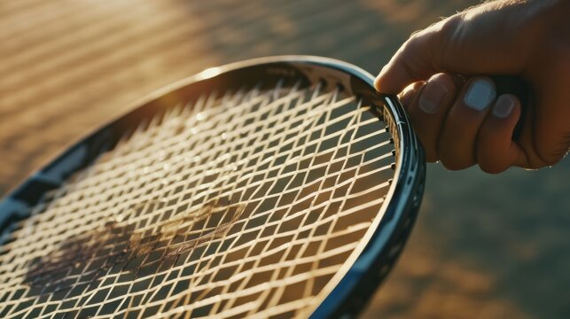 A tennis player's hand adjusting the strings on a racket, outdoor setting with soft morning light, Minimalist style - Powered by Adobe