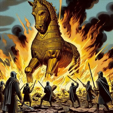 Statue d'un cheval cornu avec des soldats dans un brasier lors d'un affrontement