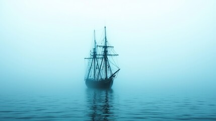 Fototapeta premium A mysterious tall ship sails through thick fog, creating an ethereal and tranquil atmosphere on the calm water.