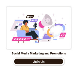 Social media marketing promotions person using laptop megaphone icons charts stars plant colorful design elements website template