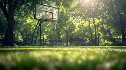 Isolated basketball net in a park, with soft grass and distant trees.