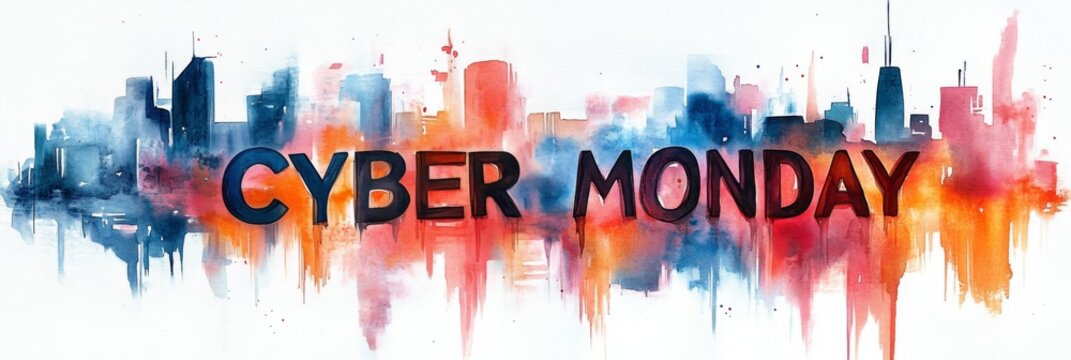 Cyber monday banner showing colorful cityscape with dripping paint
