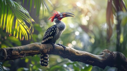 Obraz premium Tropical Hornbill Perched on a Branch in Lush Greenery