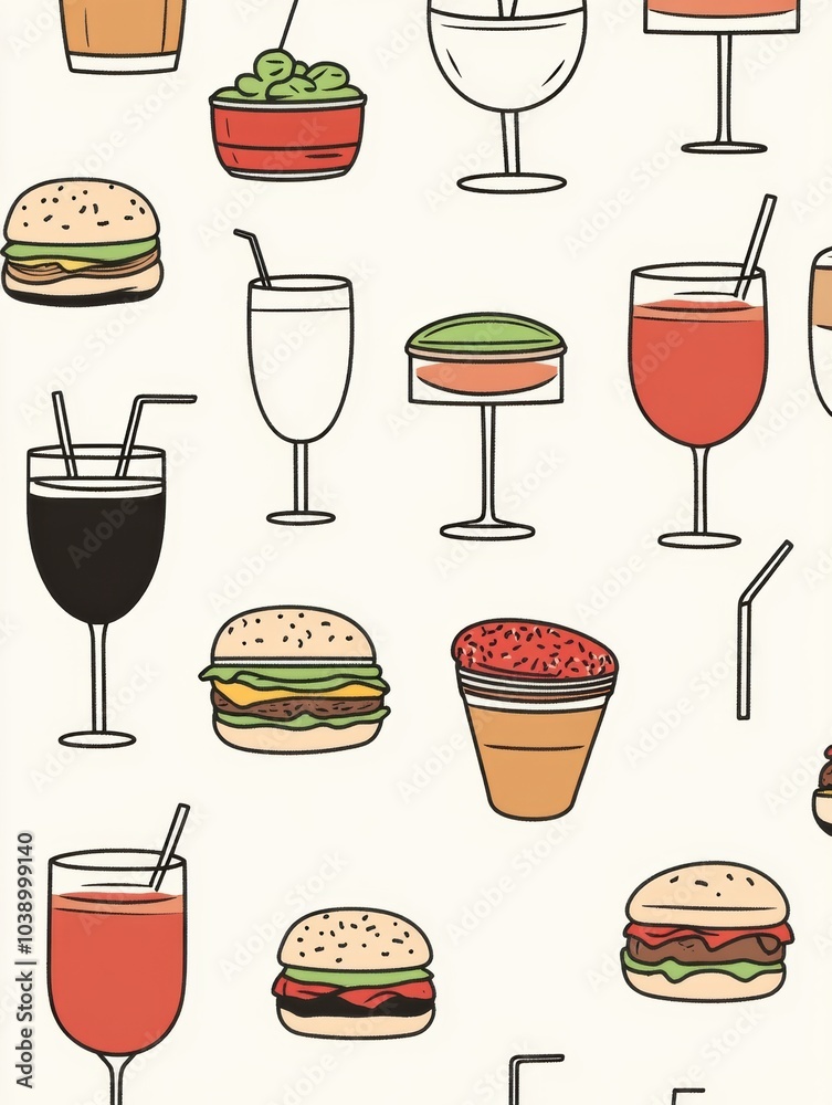 Poster This artwork features an array of colorful burgers and drinks layered against a minimalist backdrop, perfect for food lovers. Generative AI