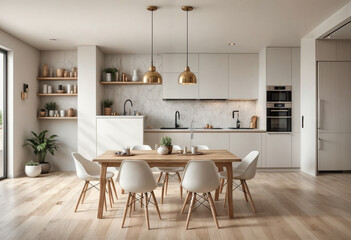 Modern minimalistic Scandinavian kitchen with bright natural light