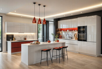 Modern bold black red white kitchen