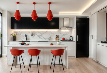 Modern bold black red white kitchen