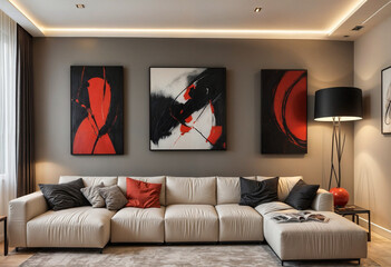 Modern bold black red white living room