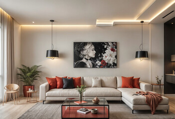 Modern bold black red white living room