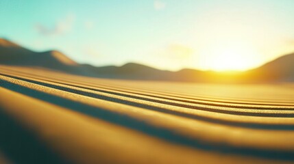   A clear picture of a desert with majestic mountains and a bright sun shining in the sky in the background