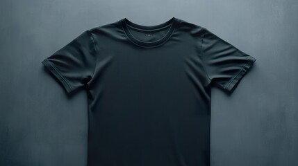 Simple black t-shirt lying flat on a light grey surface with subtle studio lighting.