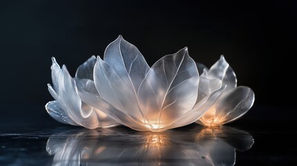 3D transparent glass leaves with soft light on black surface