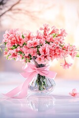 a beautiful bouquet of pink flowers in a glass vase, carefully arranged to form the silhouette of a heart. The bouquet is tied with a wide, delicate pink ribbon bow, which adds a touch of charm and ro
