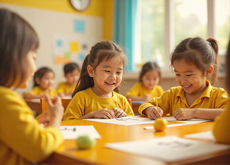 Group of happy children drawing with colored pencils in kindergarten