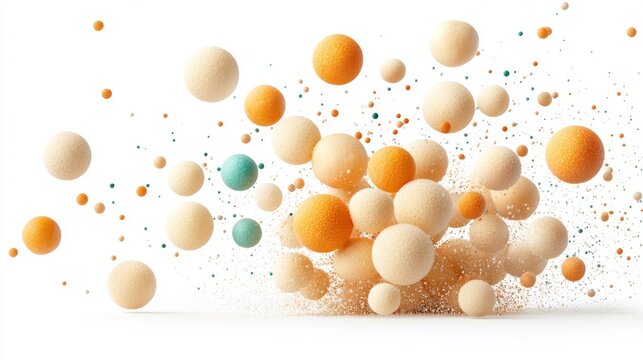 Varias esferas flotantes en tonos anaranjados y beige, dispersas en un fondo blanco. La imagen es minimalista y din&aacute;mica.

