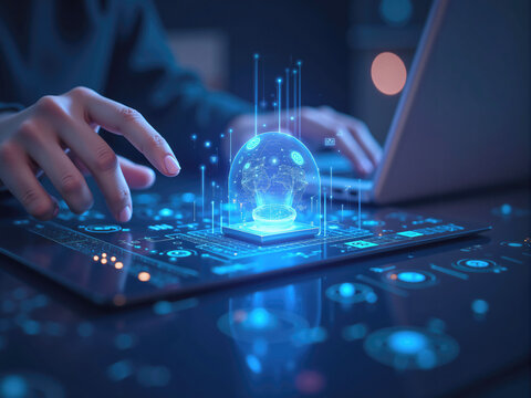 Businesswoman using digital tablet analyzing business data with holographic globe