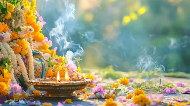 Traditional Indian background with diya lamp and marigold flowers. Hindu Puja. Festival Vishu celebration. Template with copy space for holiday Ugadi, Gudi Padwa, Diwali or Day of the Dead