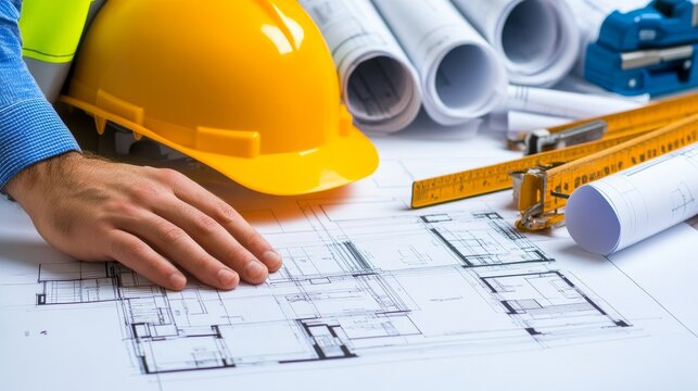 Un arquitecto revisa un plano sobre la mesa, rodeado de herramientas, un casco de seguridad amarillo y varios planos enrollados.

