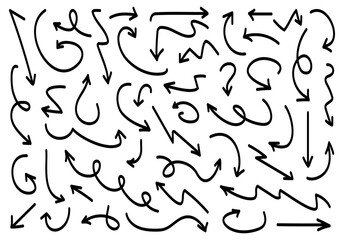 Hand drawn arrows set. Marker drawn arrows. Arrow icon. Arrows doodle. Editable stroke line icons. Vector illustration.