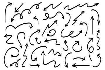 Hand drawn arrows set. Marker drawn arrows. Arrow icon. Arrows doodle. Editable stroke line icons. Vector illustration.