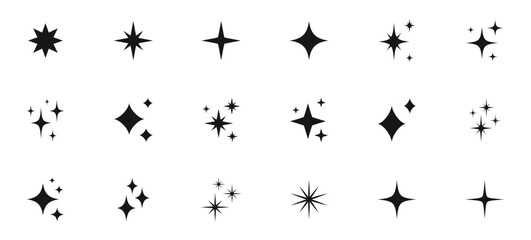 Shining stars icon set. Sparkle stars icons. Twinkle stars collection. Different star shapes. Effect shine, glitter, twinkling and clean. Vector illustration.