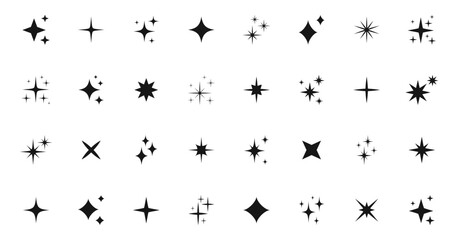 Shining stars icon set. Sparkle stars icons. Twinkle stars collection. Different star shapes. Effect shine, glitter, twinkling and clean. Vector illustration.