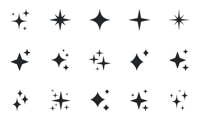 Shining stars icon set. Sparkle stars icons. Twinkle stars collection. Different star shapes. Effect shine, glitter, twinkling and clean. Vector illustration.
