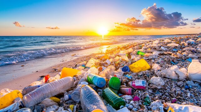 La playa est&aacute; cubierta de botellas de pl&aacute;stico y otros desechos, mientras el sol se pone en el horizonte. La imagen ilustra la contaminaci&oacute;n costera.

