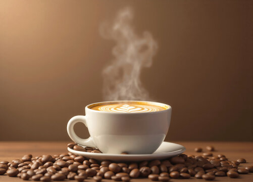 Steaming cup of coffee with latte art on wooden table with coffee beans