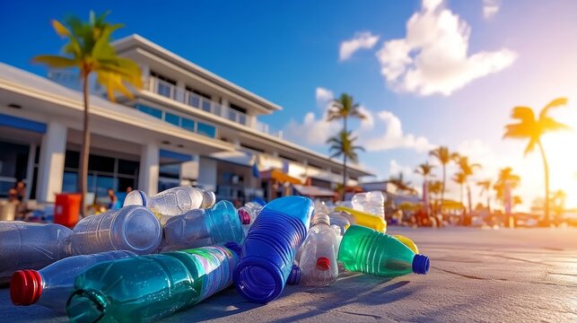 Botellas de pl&aacute;stico vac&iacute;as esparcidas en el suelo en un &aacute;rea tur&iacute;stica junto al mar, con edificios modernos y palmeras al fondo. El impacto de la basura en &aacute;reas tur&iacute;sticas es evidente.

