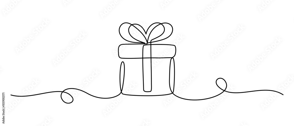 Wall mural One Continuous line drawing of Birthday Gift box with ribbon and bow. Festive present and wrapped surprise package in simple linear style. Editable stroke. Doodle oneline vector illustration