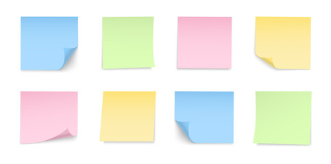 Fototapeta premium Paper notes with pin and tape. Colored stickers, torn sheets and notebook pages. Note sticky papers with curled corner. Realistic templates for a note message. Vector illustration.