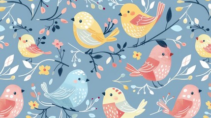 Charming Bird Illustration with Leaves and Berries Pattern