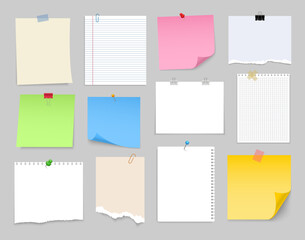 Paper notes with pin and tape. Colored stickers, torn sheets and notebook pages. Note sticky papers with curled corner. Realistic templates for a note message. Vector illustration.