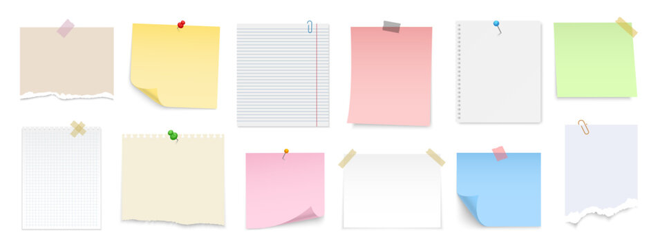 Paper notes with pin and tape. Colored stickers, torn sheets and notebook pages. Note sticky papers with curled corner. Realistic templates for a note message. Vector illustration.