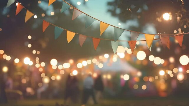 Colorful bunting flags hanging on blurred evening background. Summer or autumn festival or birthday celebration concept. Party, event, picnic in park