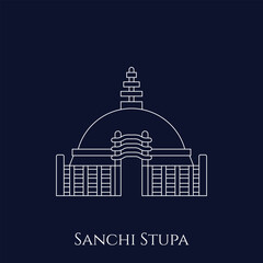 Editable Outline Vector of Sanchi Stupa Bhopal on Blue Background for Indian Travel Designs