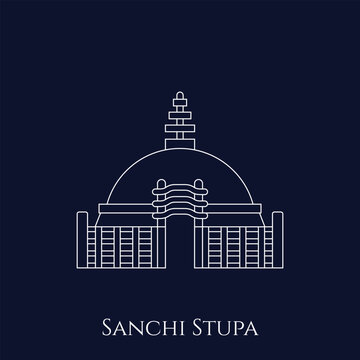 Editable Outline Vector of Sanchi Stupa Bhopal on Blue Background for Indian Travel Designs