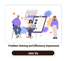Business team problem solving efficiency improvement meeting with charts graphs checklists people working together gears background website design