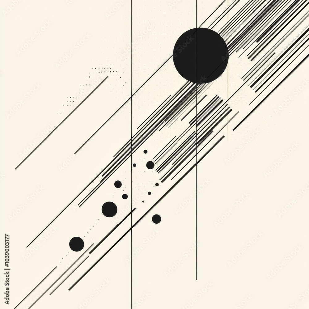 Leinwandbilder Black diagonal lines intersect with varying sized circles against a light backdrop, forming a contemporary abstract design. Generative AI