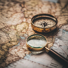 Close-up of old world map on table.