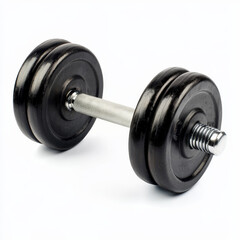 Naklejka premium black dumbbell with a metallic handle isolated on a white background. The design is sleek and polished, emphasizing fitness equipment for strength training and weightlifting