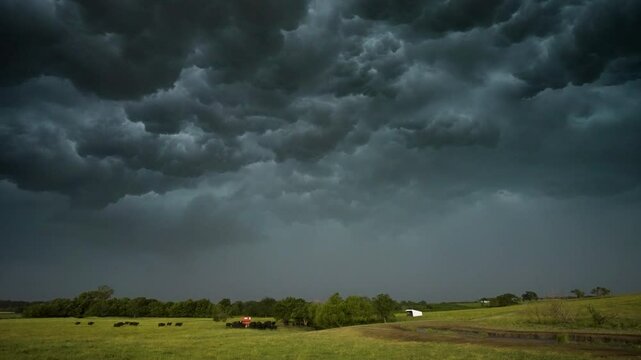 Storm clouds roll across the sky over fields with cows running
