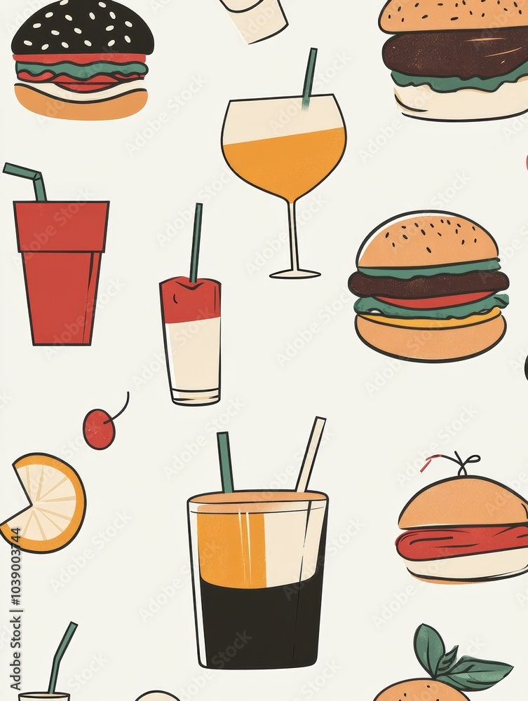 Poster an array of vibrant drinks alongside delicious burgers creates a delightful atmosphere for a casual 