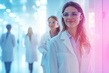 Young female scientist in a laboratory corridor during a research day in a modern facility