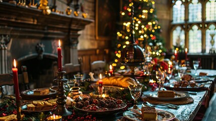 Fototapeta premium A beautifully set table for a Christmas dinner, with candles, a decorated tree, and delicious food.