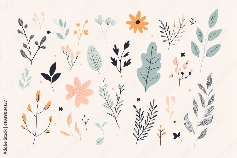 Poster delicate doodles display an assortment of leaves and flowers, emphasizing the elegance of nature thr