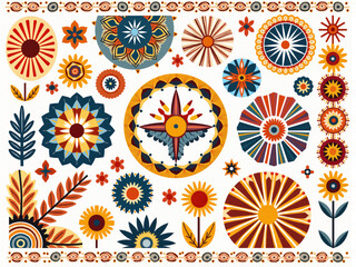 Set of colorful vector flowers and geometric shapes embracing bohemian style
